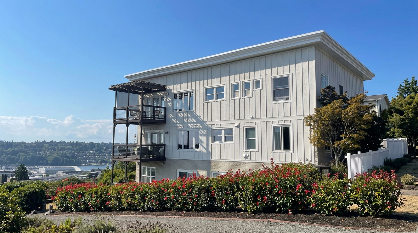 Freshly painted white board-and-batten building exterior